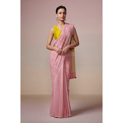 Dressfolk Handwoven Pink With Yellow and Stripes Handloom 100% Pure Cotton Saree with Tassel Border
