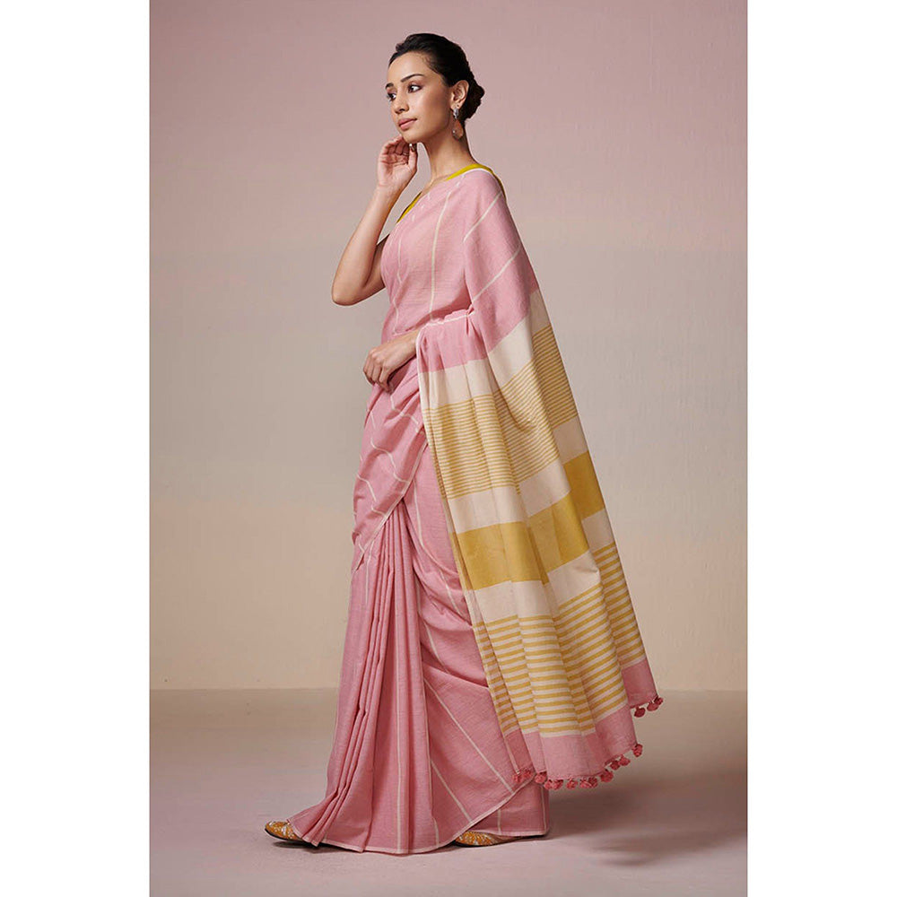 Dressfolk Handwoven Pink With Yellow and Stripes Handloom 100% Pure Cotton Saree with Tassel Border