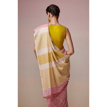 Dressfolk Handwoven Pink With Yellow and Stripes Handloom 100% Pure Cotton Saree with Tassel Border