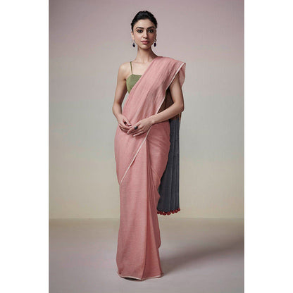 Dressfolk Handwoven Earthy Pink with Light Brown & Blue Palla Handloom 100% Cotton Saree with Tassel