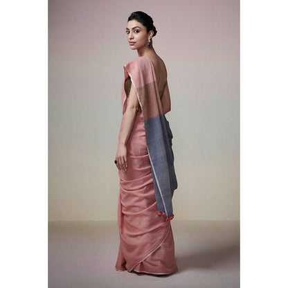 Dressfolk Handwoven Earthy Pink with Light Brown & Blue Palla Handloom 100% Cotton Saree with Tassel
