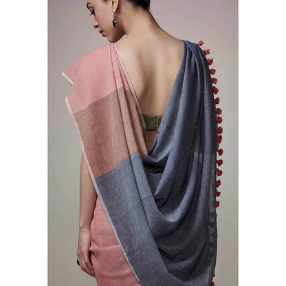 Dressfolk Handwoven Earthy Pink with Light Brown & Blue Palla Handloom 100% Cotton Saree with Tassel