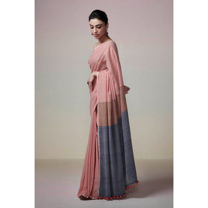Dressfolk Handwoven Earthy Pink with Light Brown & Blue Palla Handloom 100% Cotton Saree with Tassel