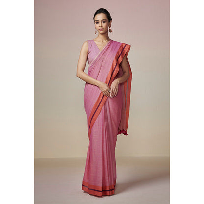 Dressfolk Handwoven Pink and Orange Handloom 100% Pure Cotton Saree With Tassel Border