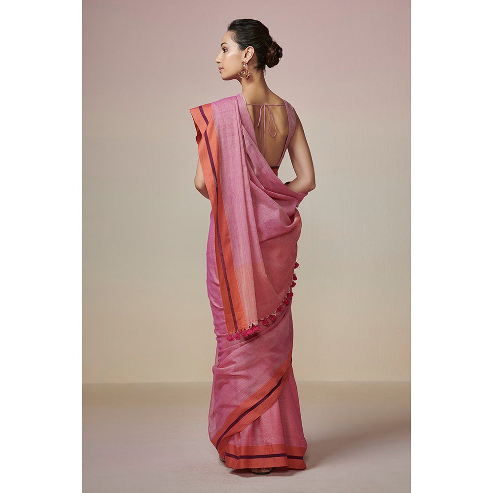 Dressfolk Handwoven Pink and Orange Handloom 100% Pure Cotton Saree With Tassel Border