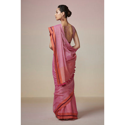 Dressfolk Handwoven Pink and Orange Handloom 100% Pure Cotton Saree With Tassel Border