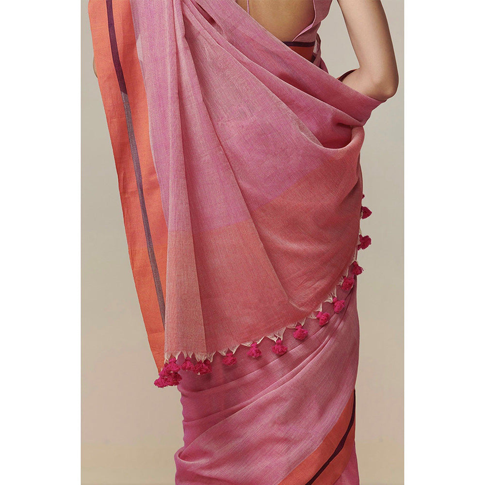 Dressfolk Handwoven Pink and Orange Handloom 100% Pure Cotton Saree With Tassel Border