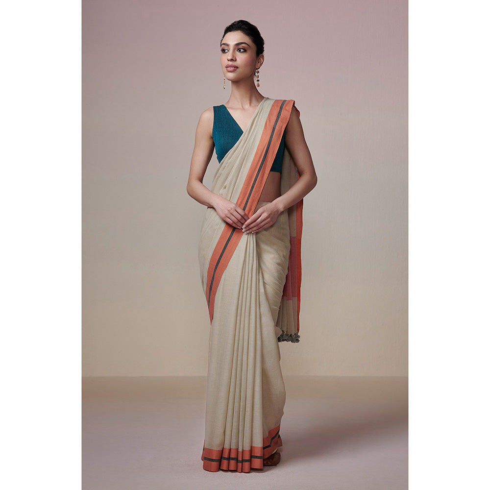 Dressfolk Handwoven Earthy Beige and Orange Handloom 100% Pure Cotton Saree with Tassel Border