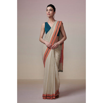 Dressfolk Handwoven Earthy Beige and Orange Handloom 100% Pure Cotton Saree with Tassel Border
