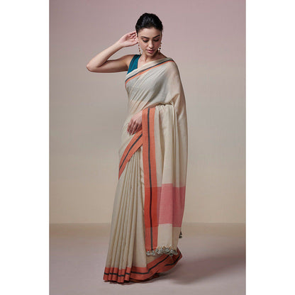 Dressfolk Handwoven Earthy Beige and Orange Handloom 100% Pure Cotton Saree with Tassel Border