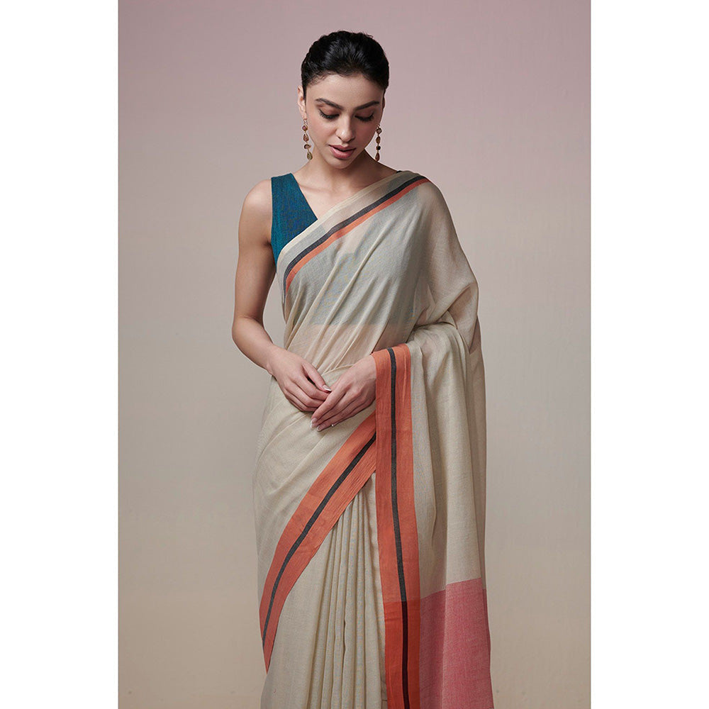 Dressfolk Handwoven Earthy Beige and Orange Handloom 100% Pure Cotton Saree with Tassel Border