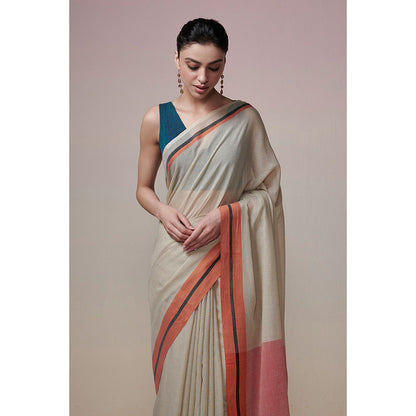 Dressfolk Handwoven Earthy Beige and Orange Handloom 100% Pure Cotton Saree with Tassel Border