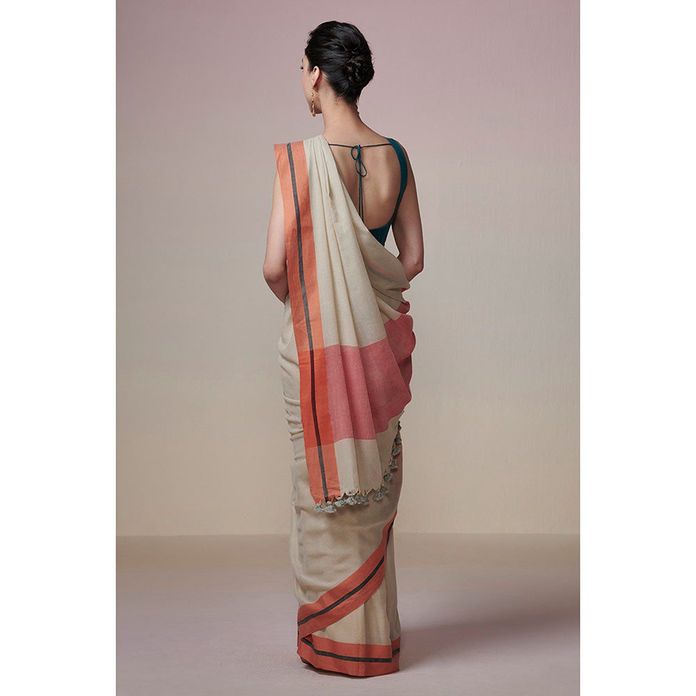 Dressfolk Handwoven Earthy Beige and Orange Handloom 100% Pure Cotton Saree with Tassel Border