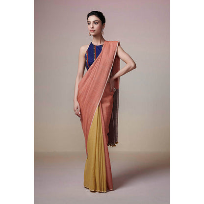 Dressfolk Handwoven Mustard Yellow with Rust Orange Colorblock Handloom Cotton Saree with Tassel