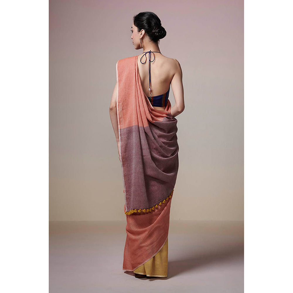 Dressfolk Handwoven Mustard Yellow with Rust Orange Colorblock Handloom Cotton Saree with Tassel