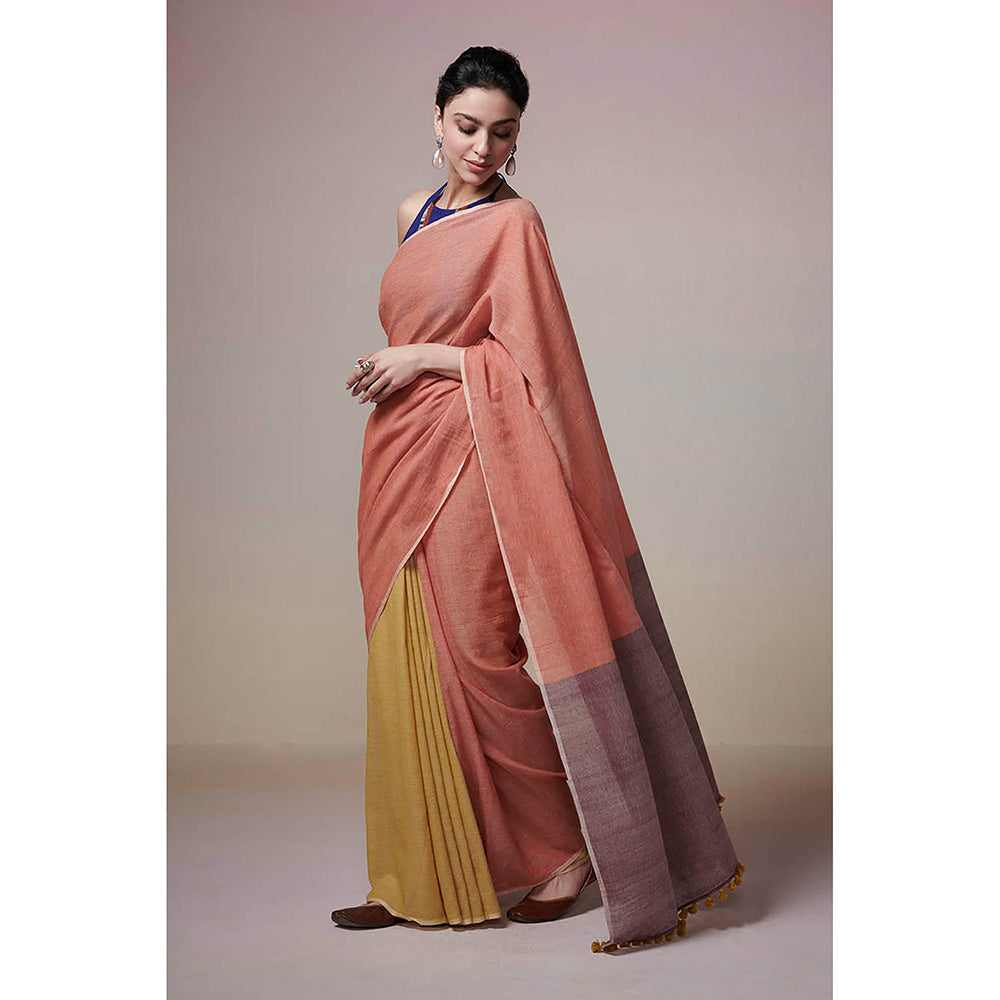 Dressfolk Handwoven Mustard Yellow with Rust Orange Colorblock Handloom Cotton Saree with Tassel