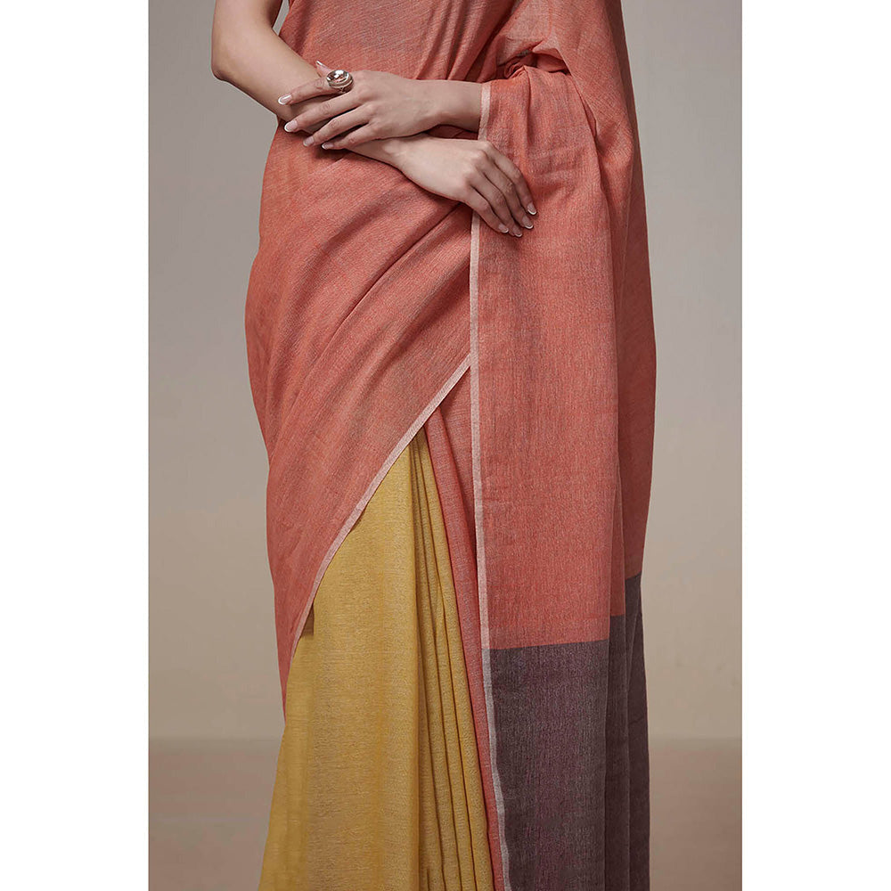 Dressfolk Handwoven Mustard Yellow with Rust Orange Colorblock Handloom Cotton Saree with Tassel