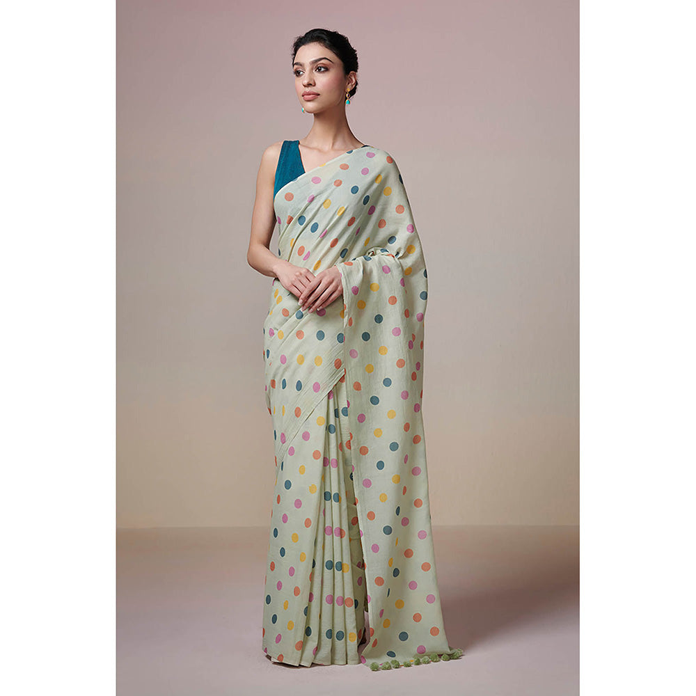 Dressfolk Handwoven Mint Green with Printed Multicolor Polka Dots Handloom 100 % Pure Cotton Saree