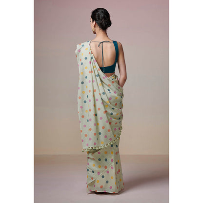 Dressfolk Handwoven Mint Green with Printed Multicolor Polka Dots Handloom 100 % Pure Cotton Saree