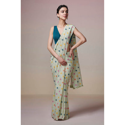 Dressfolk Handwoven Mint Green with Printed Multicolor Polka Dots Handloom 100 % Pure Cotton Saree