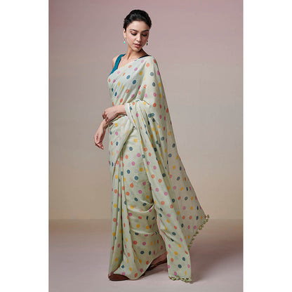 Dressfolk Handwoven Mint Green with Printed Multicolor Polka Dots Handloom 100 % Pure Cotton Saree