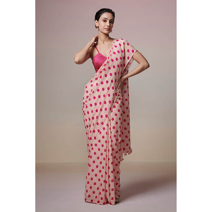 Dressfolk Handwoven Peach with Digitially Printed Fuschia Pink Polka Dots Handloom 100% Cotton Saree