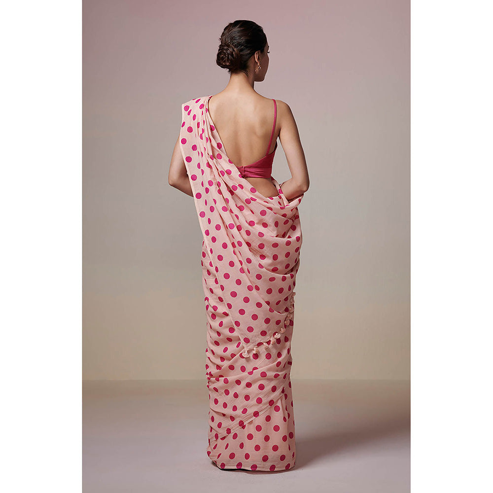Dressfolk Handwoven Peach with Digitially Printed Fuschia Pink Polka Dots Handloom 100% Cotton Saree