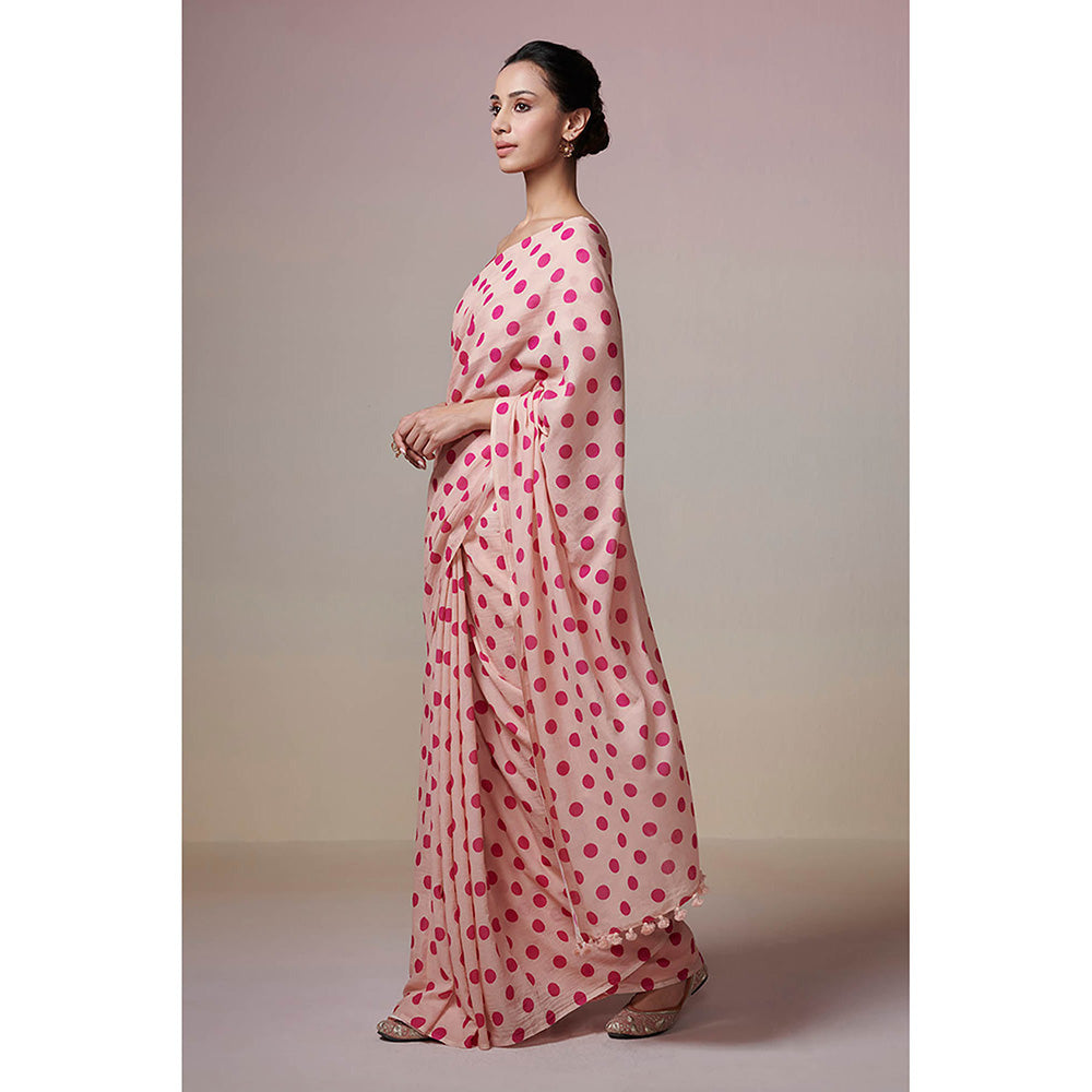 Dressfolk Handwoven Peach with Digitially Printed Fuschia Pink Polka Dots Handloom 100% Cotton Saree