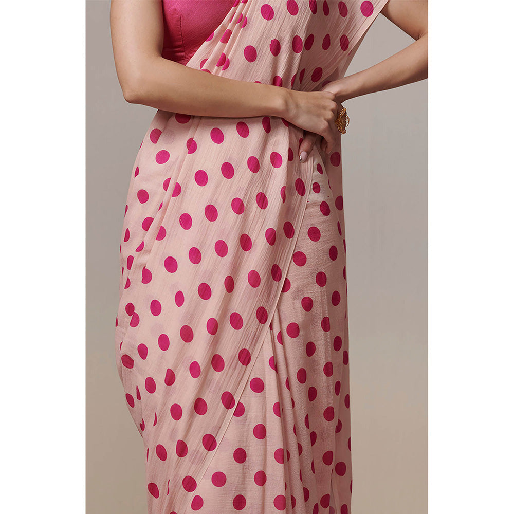 Dressfolk Handwoven Peach with Digitially Printed Fuschia Pink Polka Dots Handloom 100% Cotton Saree