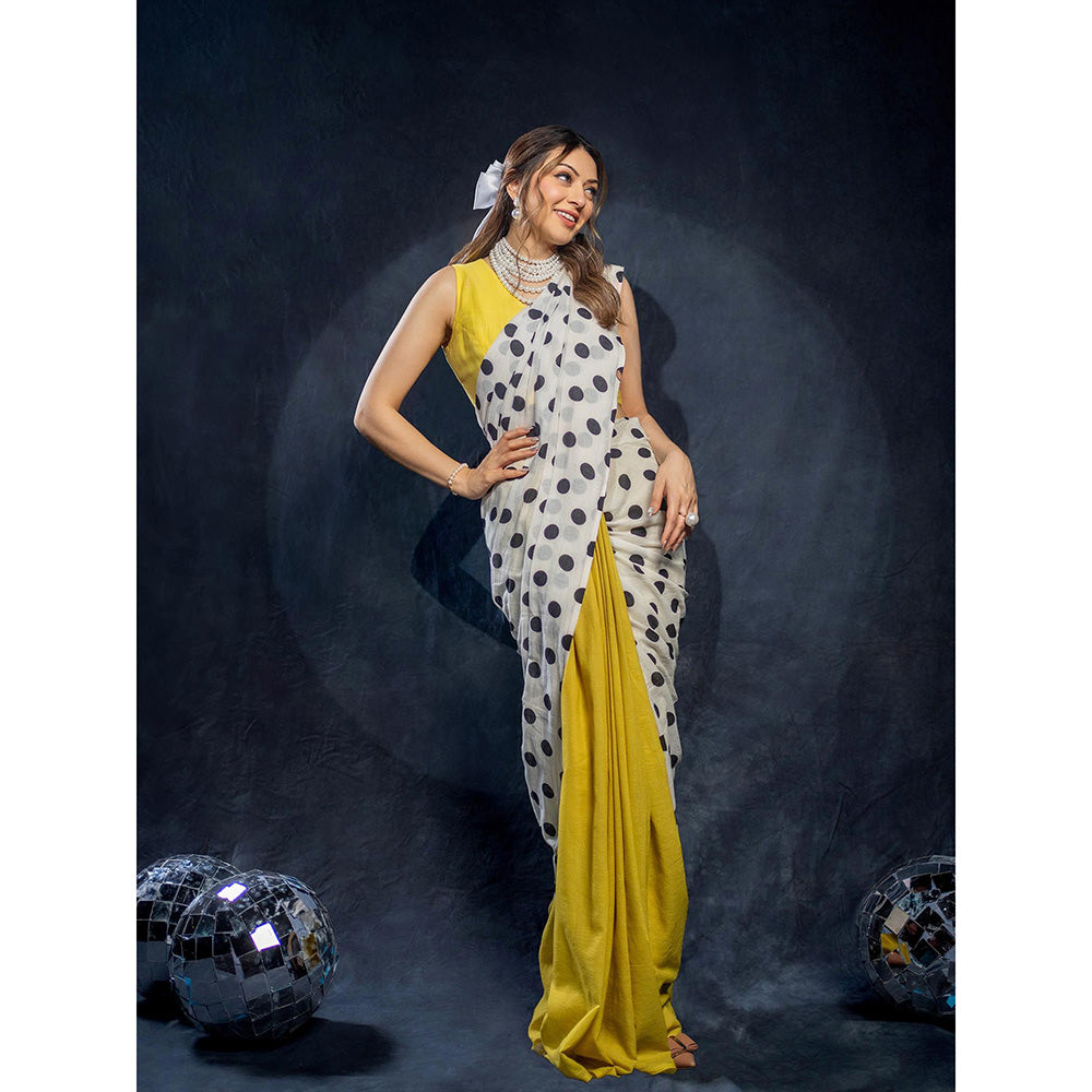 Dressfolk Handloom Yellow and Ivory with Printed Black Polka Dot Handloom 100% Pure Cotton Saree