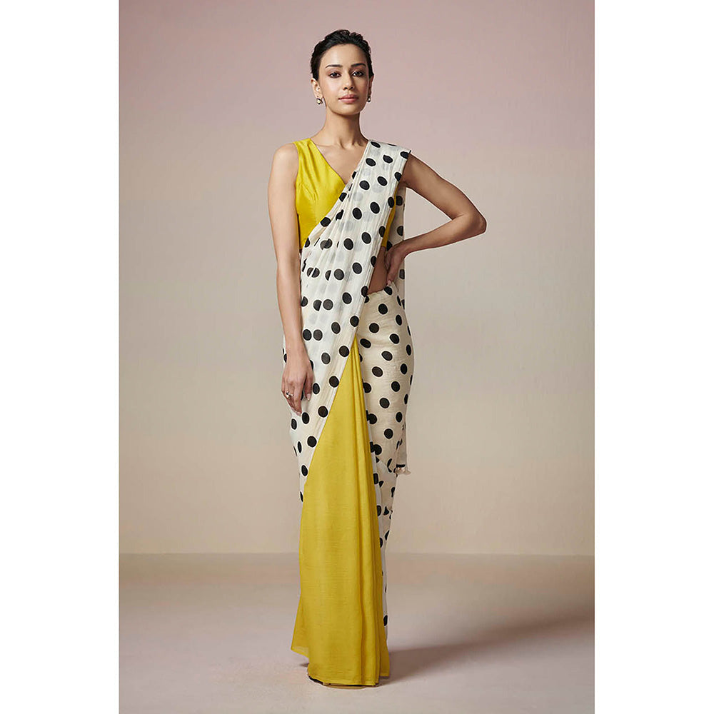 Dressfolk Handloom Yellow and Ivory with Printed Black Polka Dot Handloom 100% Pure Cotton Saree