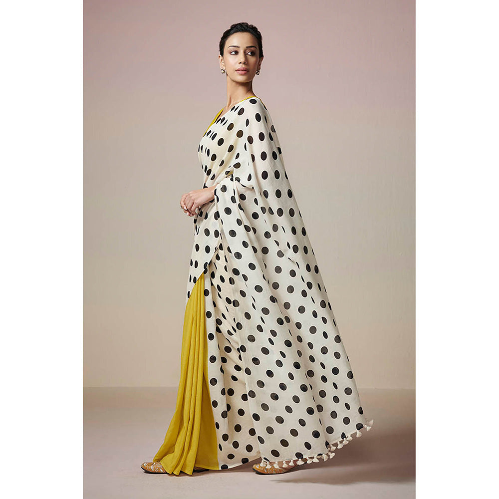 Dressfolk Handloom Yellow and Ivory with Printed Black Polka Dot Handloom 100% Pure Cotton Saree