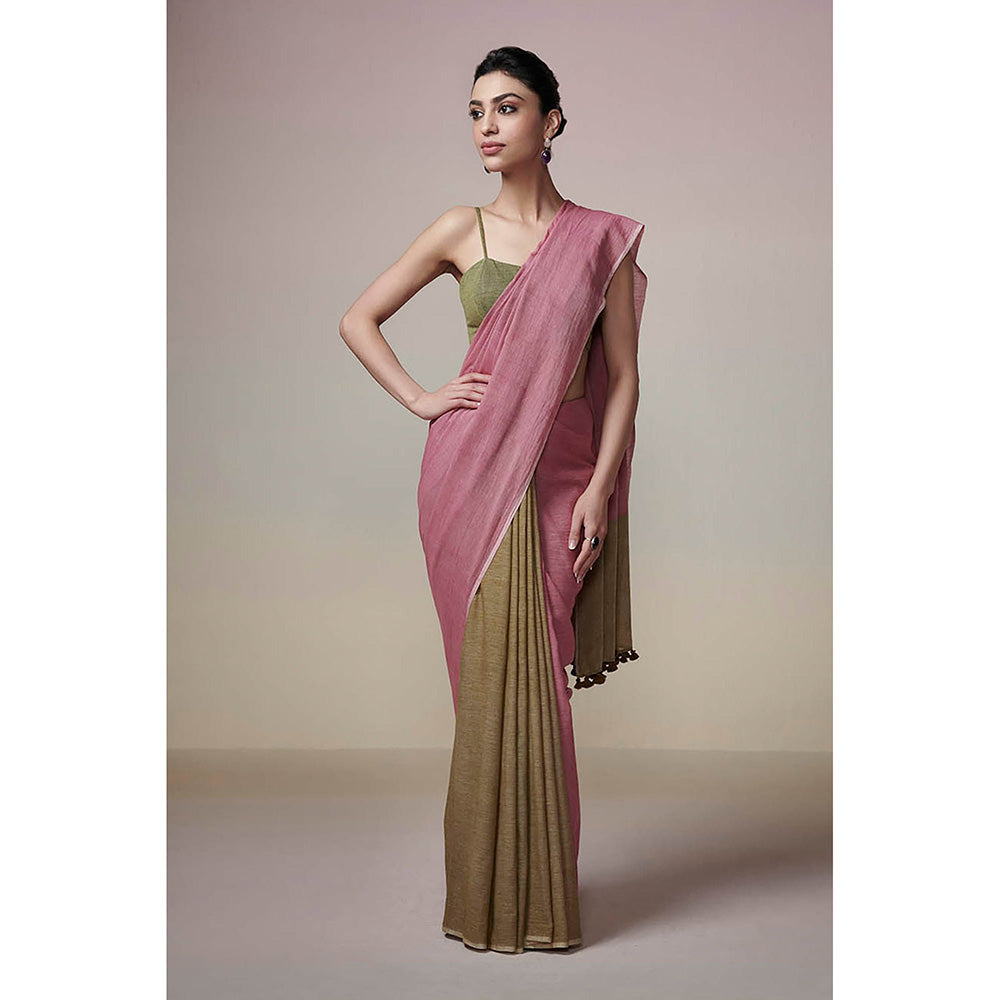 Dressfolk Handwoven Olive Green and Onion Pink Handloom 100% Pure Cotton Saree with Tassel Border