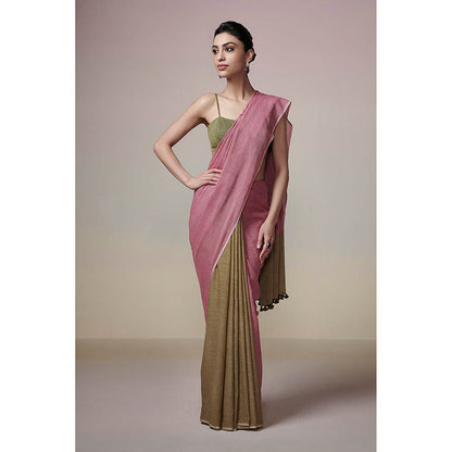 Dressfolk Handwoven Olive Green and Onion Pink Handloom 100% Pure Cotton Saree with Tassel Border