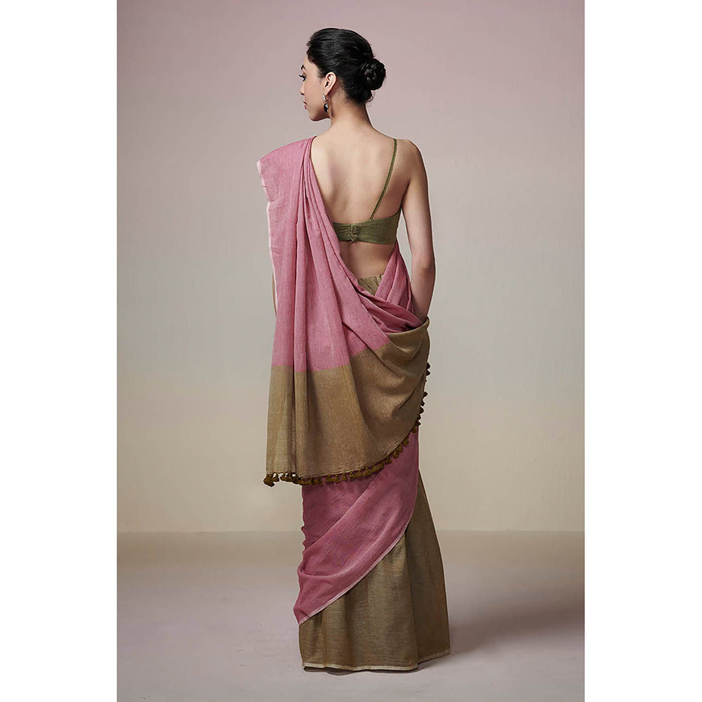 Dressfolk Handwoven Olive Green and Onion Pink Handloom 100% Pure Cotton Saree with Tassel Border