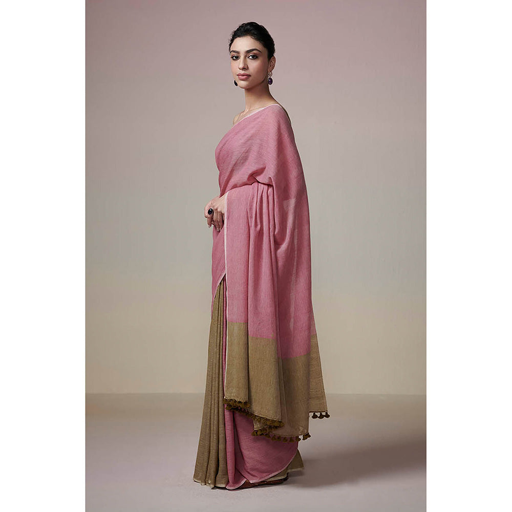 Dressfolk Handwoven Olive Green and Onion Pink Handloom 100% Pure Cotton Saree with Tassel Border