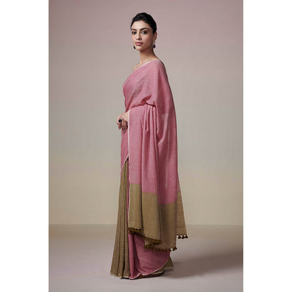 Dressfolk Handwoven Olive Green and Onion Pink Handloom 100% Pure Cotton Saree with Tassel Border