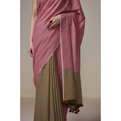 Dressfolk Handwoven Olive Green and Onion Pink Handloom 100% Pure Cotton Saree with Tassel Border