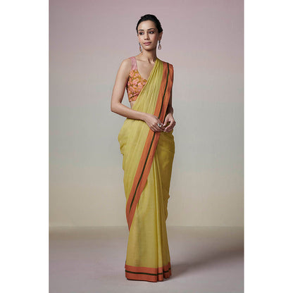 Dressfolk Handwoven Lime Green and Orange Border with Tassel Handloom 100% Pure Cotton Saree