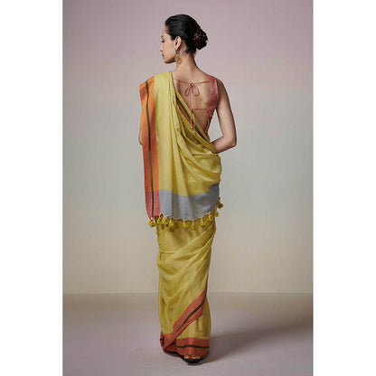 Dressfolk Handwoven Lime Green and Orange Border with Tassel Handloom 100% Pure Cotton Saree