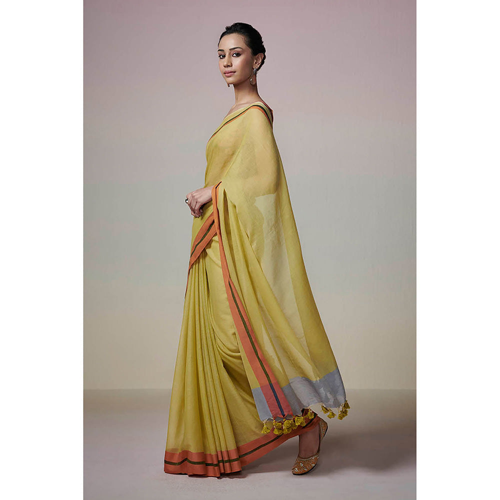 Dressfolk Handwoven Lime Green and Orange Border with Tassel Handloom 100% Pure Cotton Saree