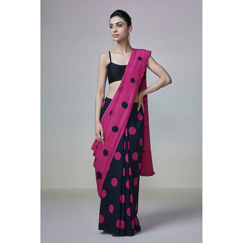 Dressfolk Handwoven Black & Magenta with Printed Black & Pink Polka Dot Handloom 100% Cotton Saree