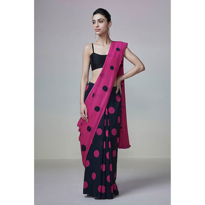 Dressfolk Handwoven Black & Magenta with Printed Black & Pink Polka Dot Handloom 100% Cotton Saree