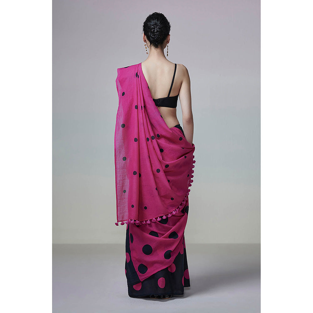 Dressfolk Handwoven Black & Magenta with Printed Black & Pink Polka Dot Handloom 100% Cotton Saree