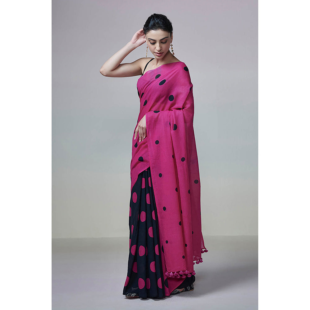 Dressfolk Handwoven Black & Magenta with Printed Black & Pink Polka Dot Handloom 100% Cotton Saree