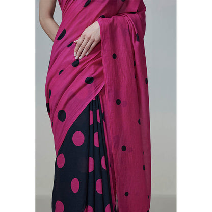 Dressfolk Handwoven Black & Magenta with Printed Black & Pink Polka Dot Handloom 100% Cotton Saree
