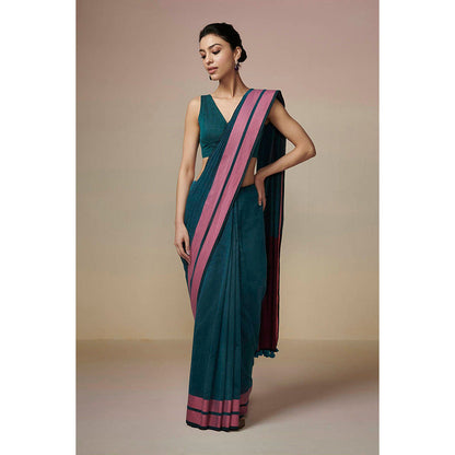 Dressfolk Handwoven Linen Peacock Green Saree 100% Pure Handloom Cotton With Tassel Border