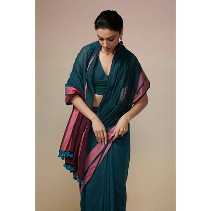 Dressfolk Handwoven Linen Peacock Green Saree 100% Pure Handloom Cotton With Tassel Border