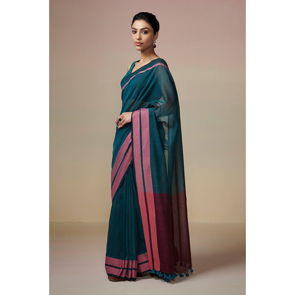 Dressfolk Handwoven Linen Peacock Green Saree 100% Pure Handloom Cotton With Tassel Border