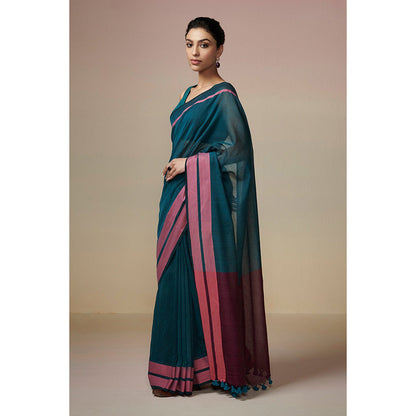 Dressfolk Handwoven Linen Peacock Green Saree 100% Pure Handloom Cotton With Tassel Border